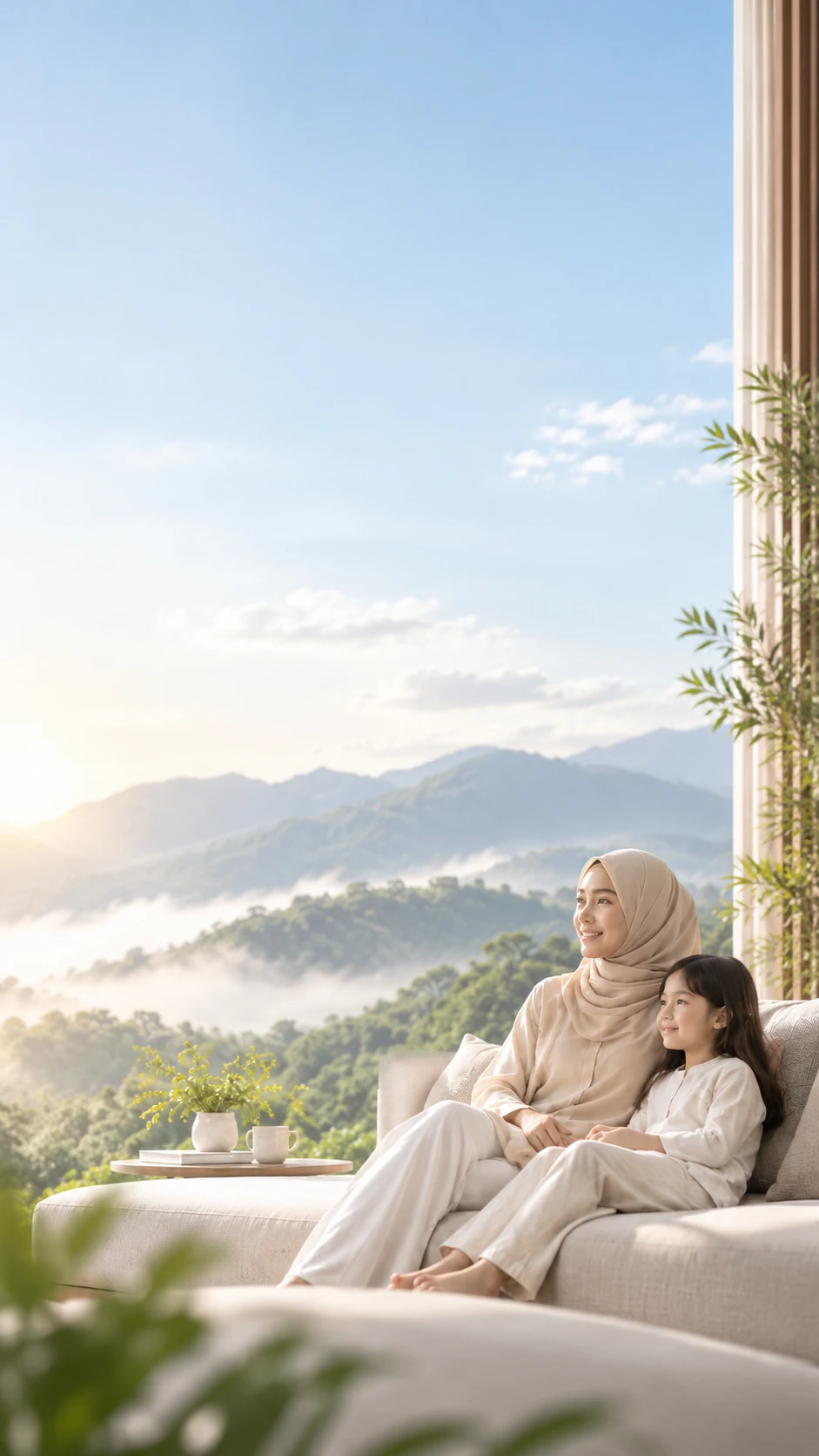 Ibu dan anak menikmati udara segar di ruang tamu