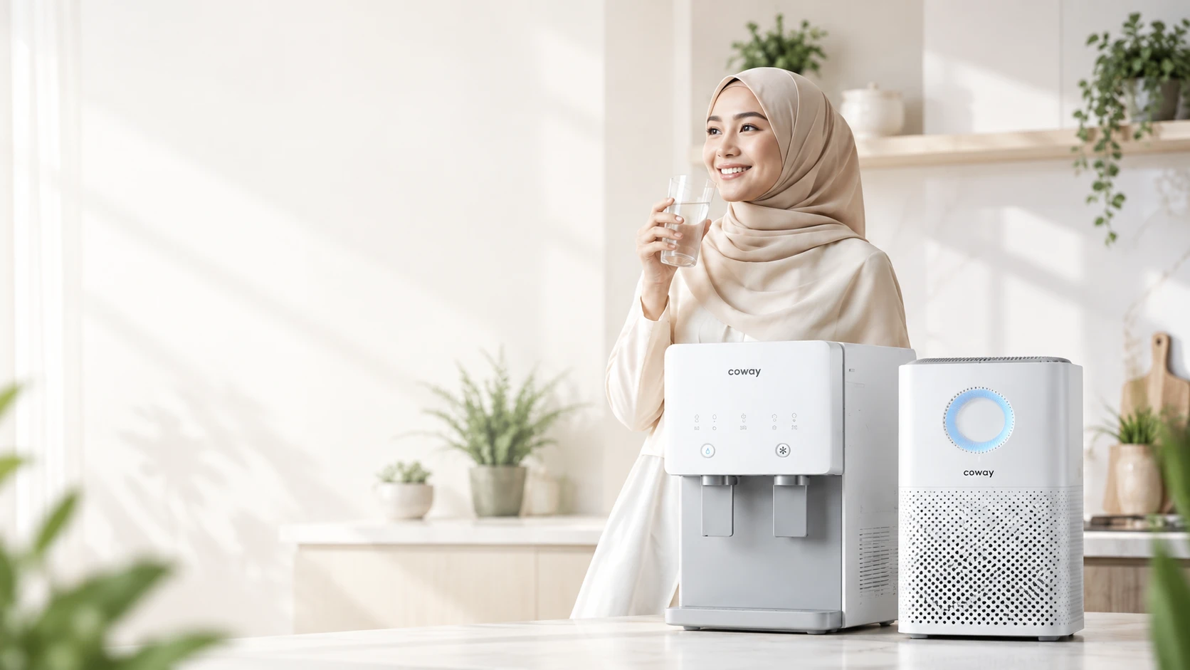 Wanita minum air bersih di sebelah penapis air dan penapis udara Coway