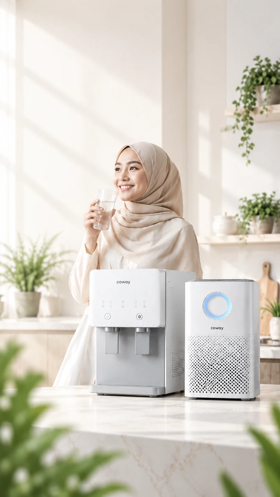 Wanita minum air bersih di sebelah penapis air dan penapis udara Coway